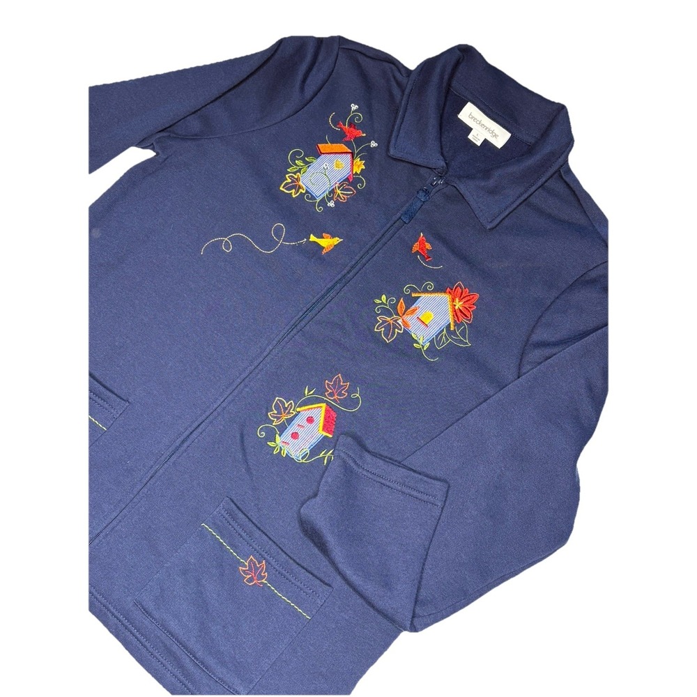 Breckenridge Sweatshirt Womens L Navy Pockets‎ Zip Up Birds Embroidery Soft